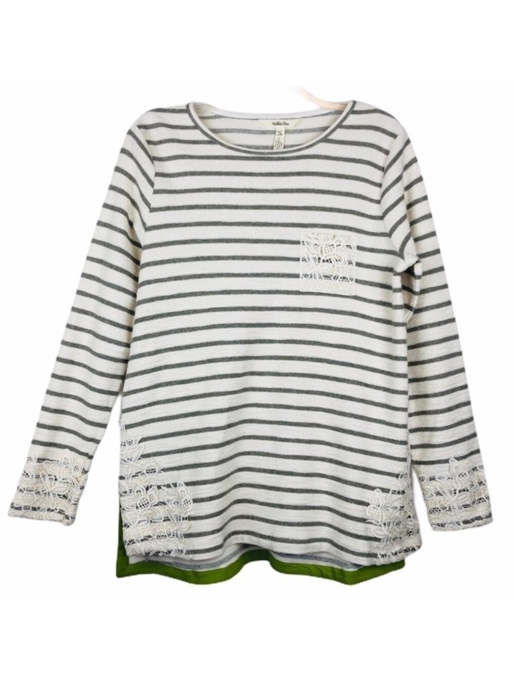 Matilda Jane Tunic Top Size S Green Gray Stripes Cream Lace Trim Long Sleeves